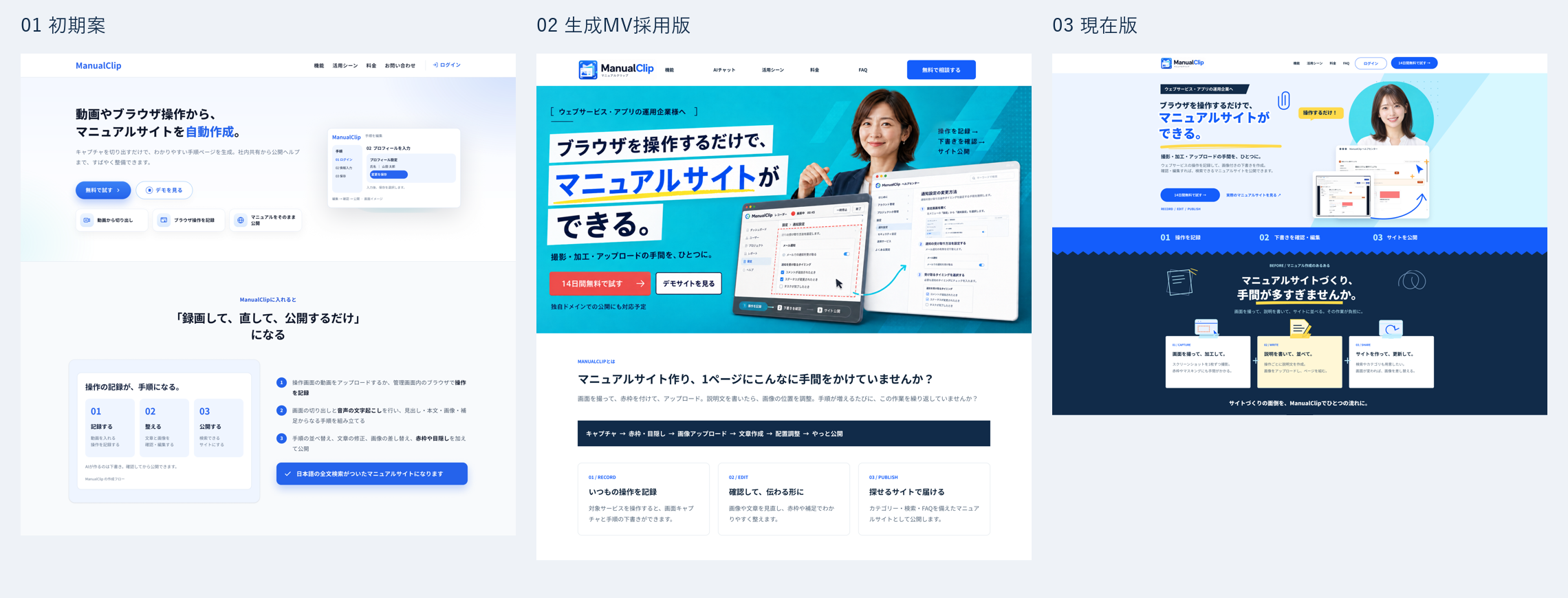 何度も改善を試したLP、生成MVを組み込んだLP、伝え方を変えて再挑戦した現在のLPの3段階比較